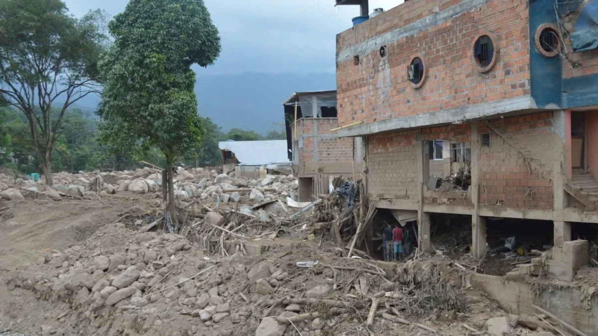 Damaged brick buildings and heavy rubble in Colombia after a 7.4 magnitude earthquake