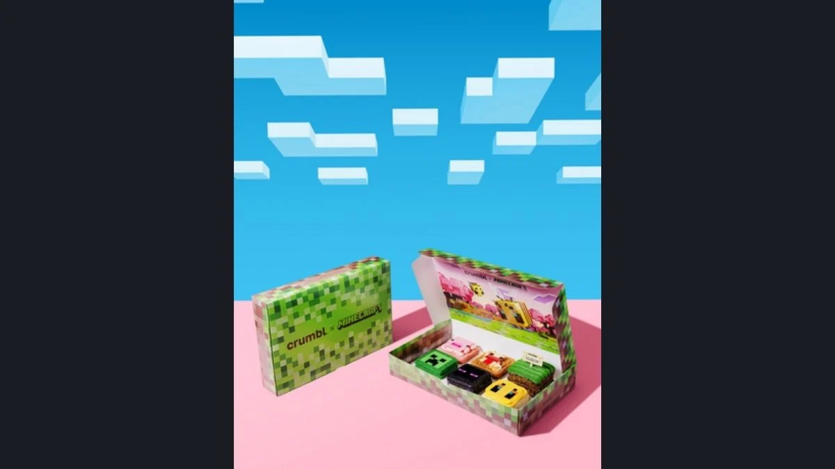 Crumbl x Minecraft collaboration box featuring themed cookies styled after Minecraft blocks and mobs.
