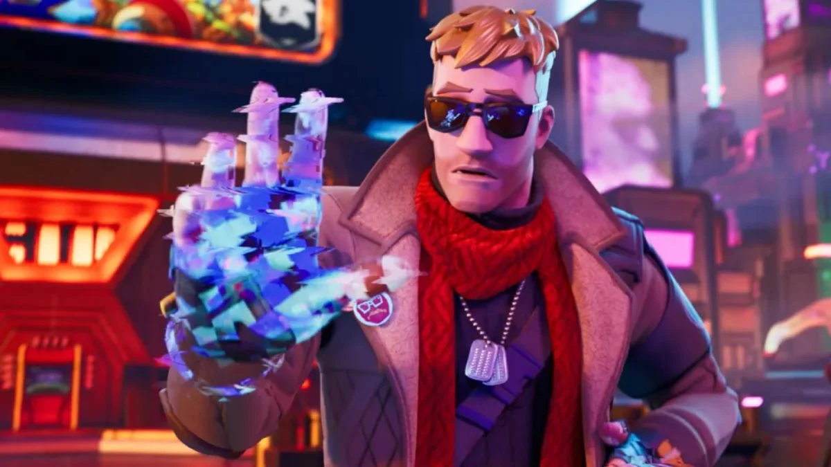 Fortnite character Agent Jones wearing sunglasses and looking at his glowing, glitching digital hand.