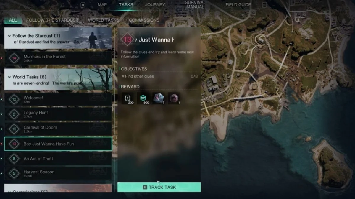 In-game task menu in Once Human showing the Boy Just Wanna Have Fun World Task in High Banks