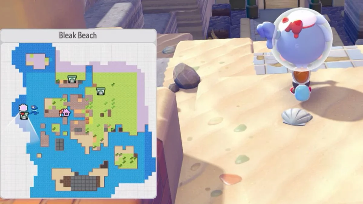 Bleak Beach map screen in Pokémon Pokopia showing the area layout and player location.