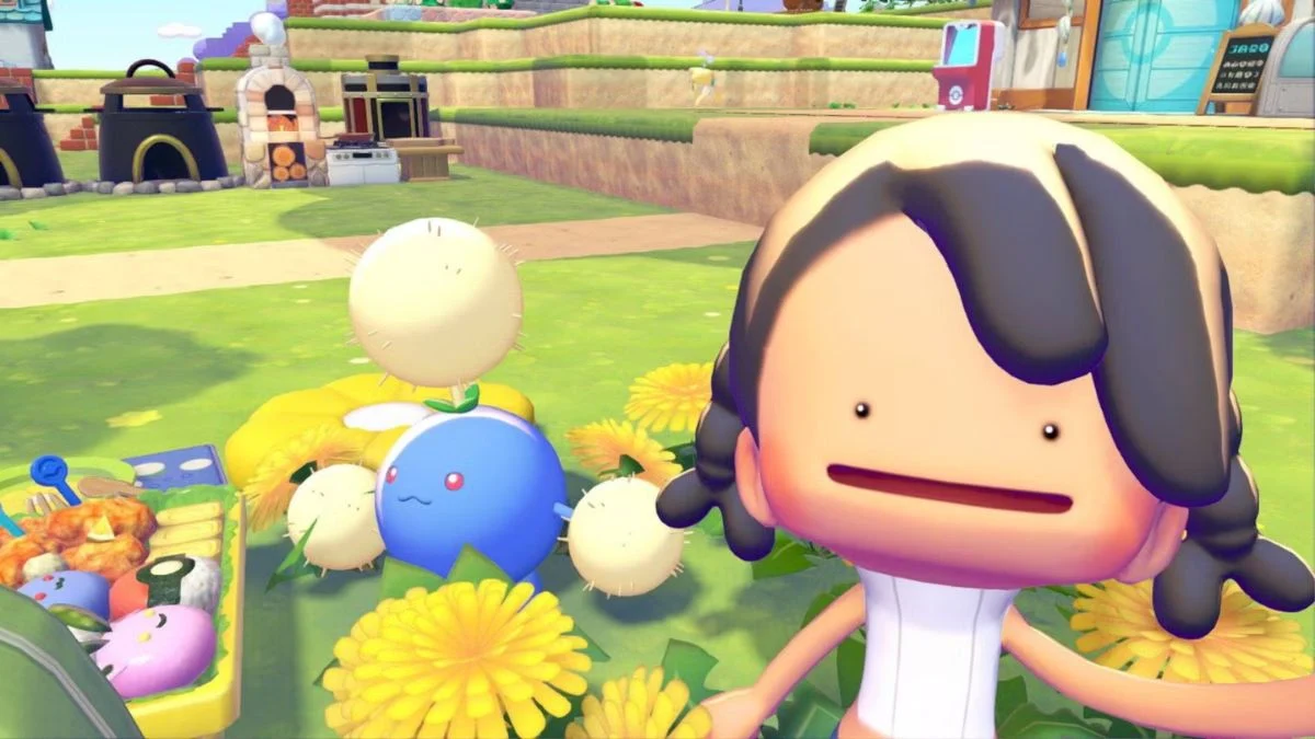 Close-up of player avatar next to Hoppip and dandelion event items in Pokémon Pokopia.