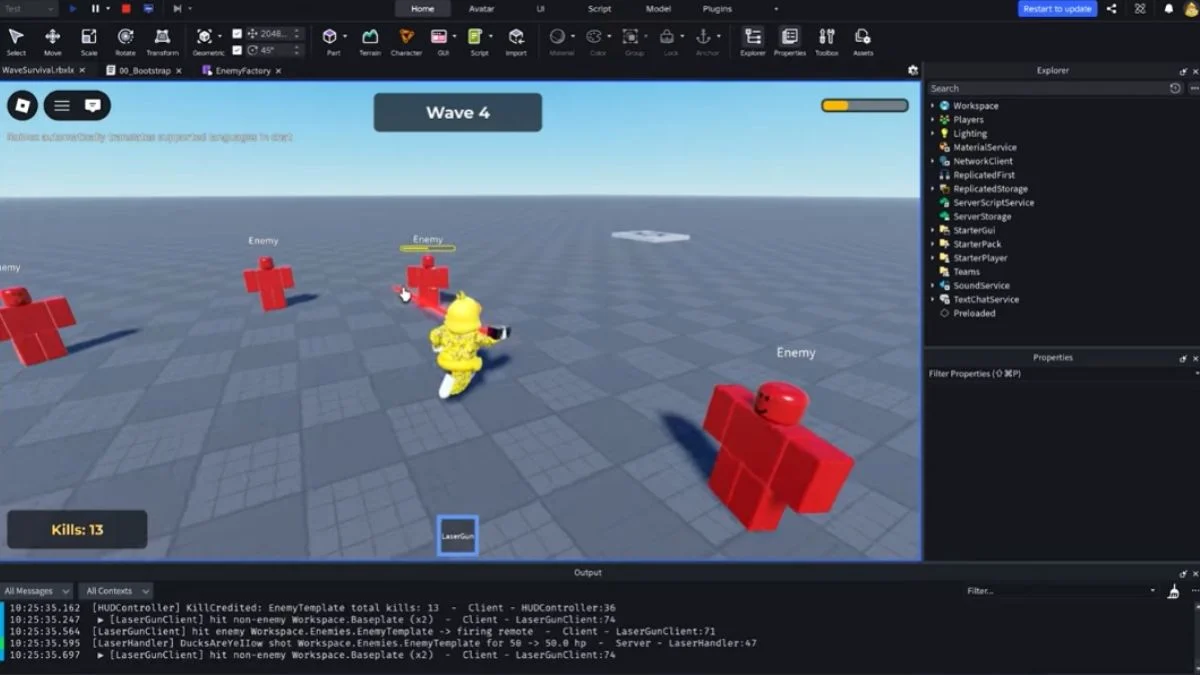 Active Roblox Studio playtest window showing character combat gameplay and the bottom Output console log