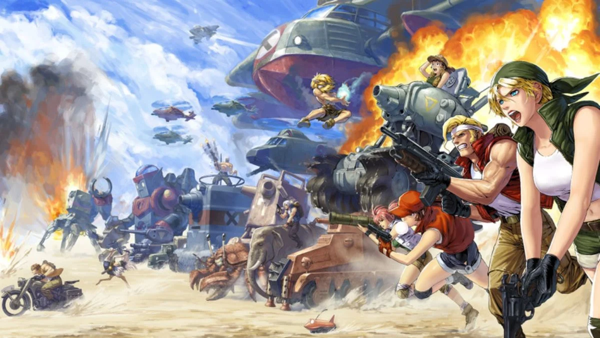 Classic SNK arcade character collage featuring fighters, soldiers, and tanks from Metal Slug and fighting game franchises.