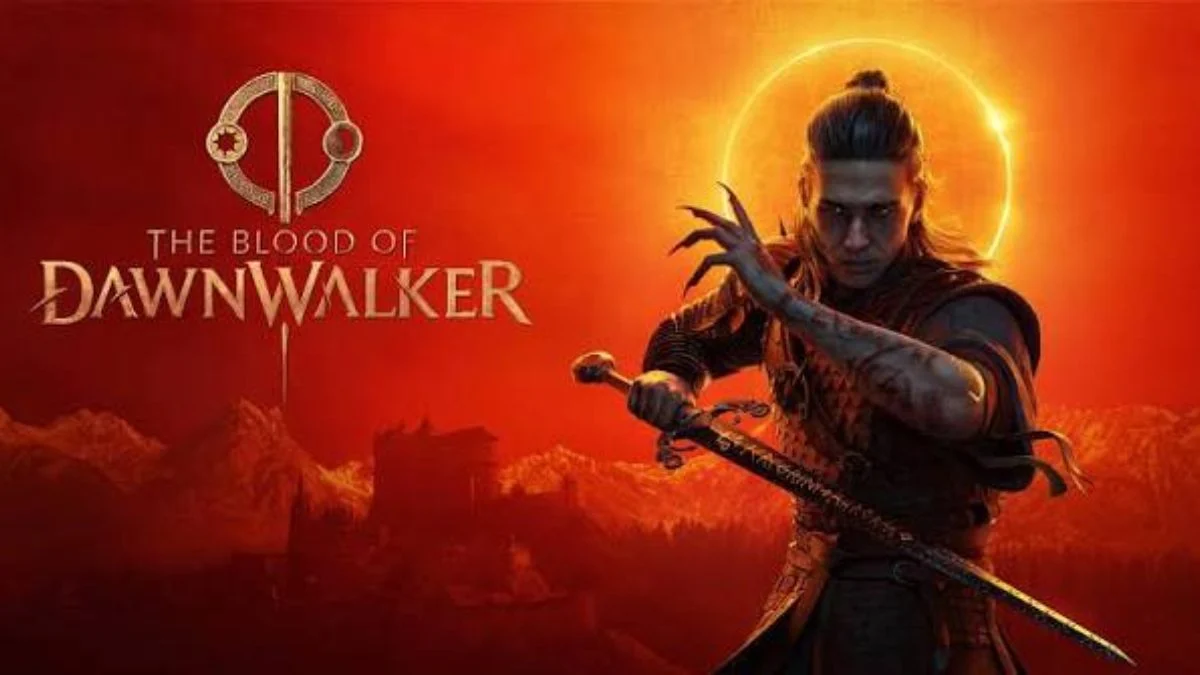 The Blood of Dawnwalker game logo alongside main character Coen wielding a sword against a glowing red eclipse backdrop.