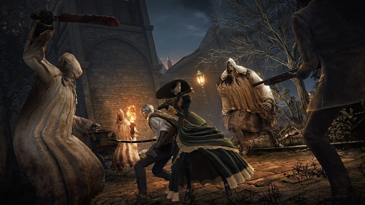 Bloodsworn warriors in Victorian-style outfits engaging in melee combat against supernatural enemies in a dark city.