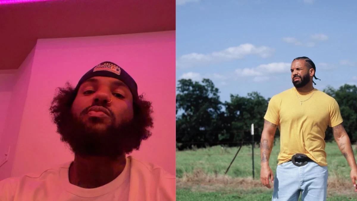 Split image showing rapper The Game indoors under pink lighting alongside Drake standing outdoors in a yellow t-shirt.