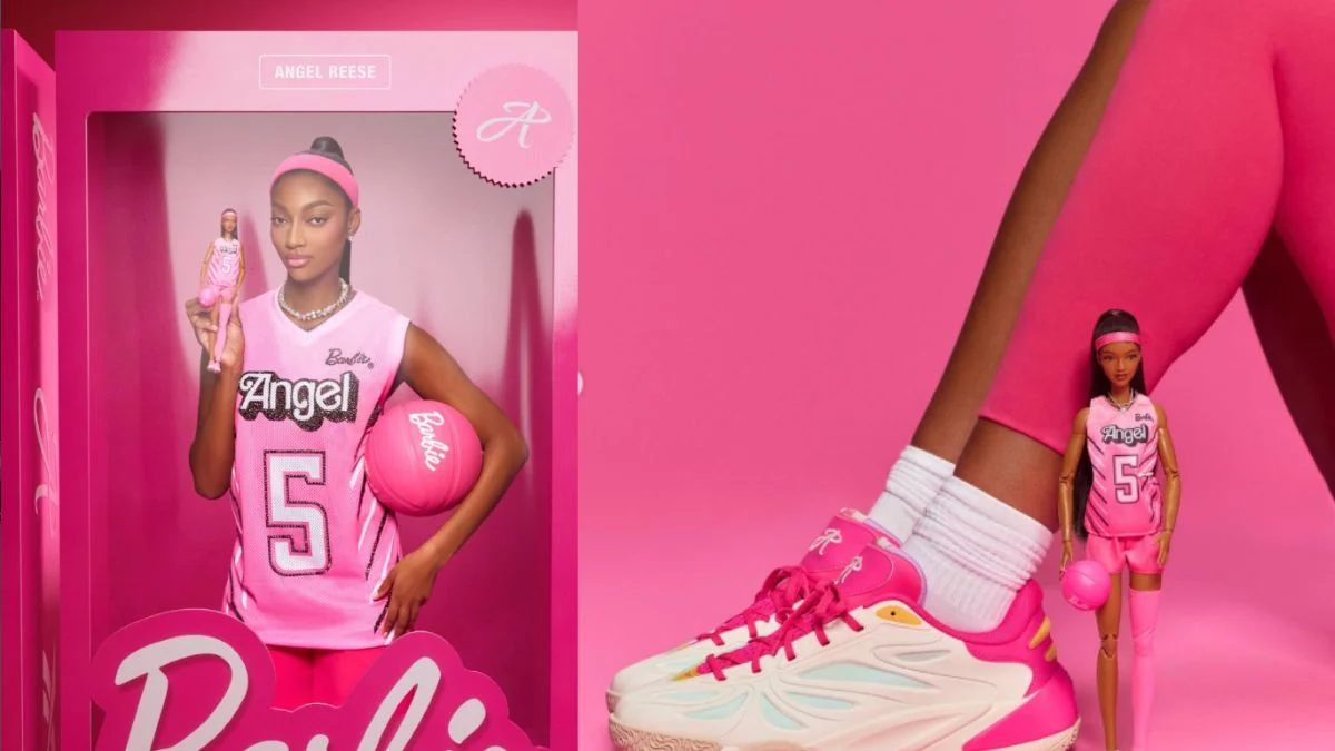 Composite image showing Angel Reese holding her Barbie doll on the left and the Barbie doll next to pink Reebok sneakers on the right.