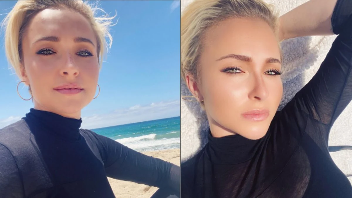 Side-by-side photo grid of Hayden Panettiere posing on a beach wearing a black turtleneck shirt.