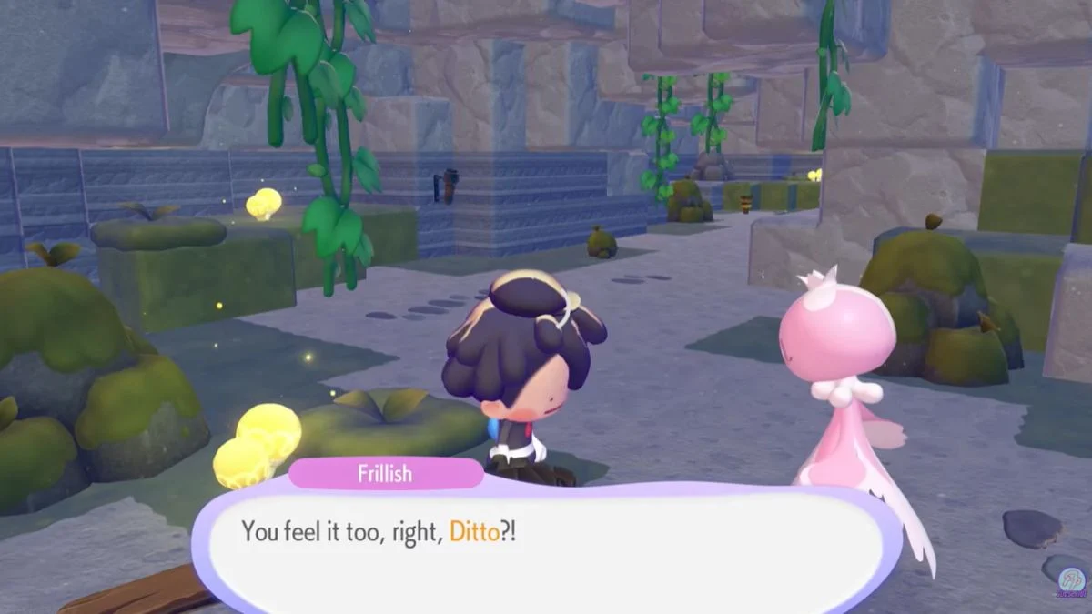 Ditto talking to Frillish inside Frillish's Cave in Pokémon Pokopia Bubbly Basin.