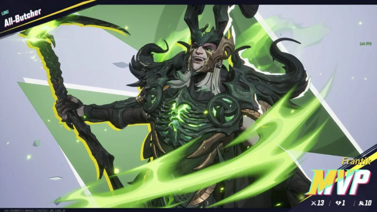Loki in his All-Butcher outfit featured on the MVP victory screen in Marvel Rivals.