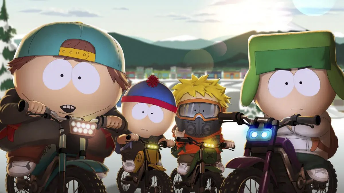 Eric Cartman, Stan Marsh, Kenny McCormick, and Kyle Broflovski riding e-bikes in South Park.