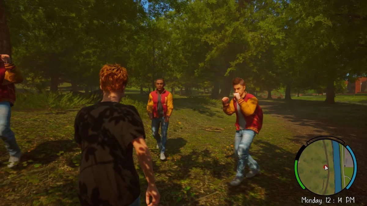Gameplay screenshot of Agefield High: Rock the School showing a teenage protagonist confronting students in letterman jackets on a grassy school campus.