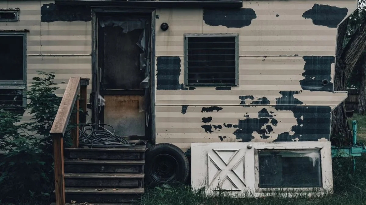 Weathered exterior of a neglected residential building depicting displacement and structural decay.