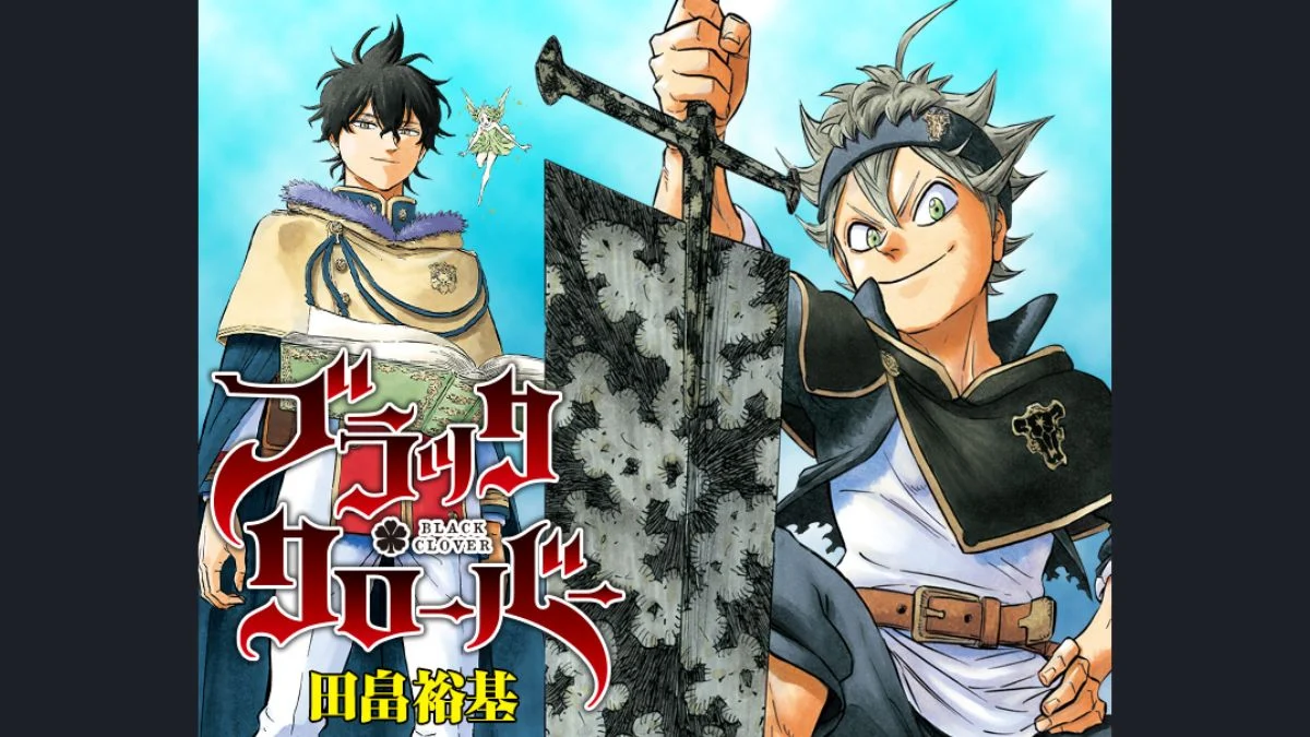 Color illustration of Asta and Yuno standing together with grimoires and swords from Black Clover.