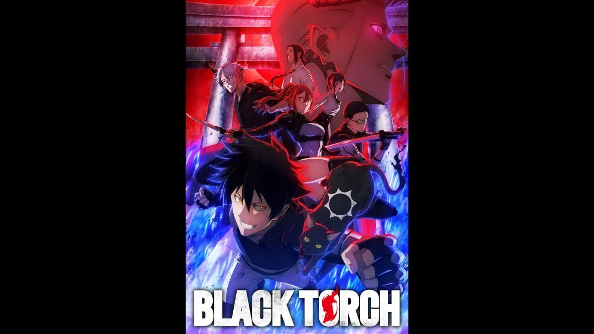 Black Torch anime key visual featuring Jiro Azuma in action alongside Rago the black cat, with supporting characters and an ominous villain silhouetted in the red background