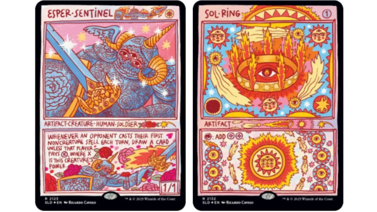 Esper Sentinel and Sol Ring Magic: The Gathering cards featuring custom folk art illustrations by Ricardo Cavolo.