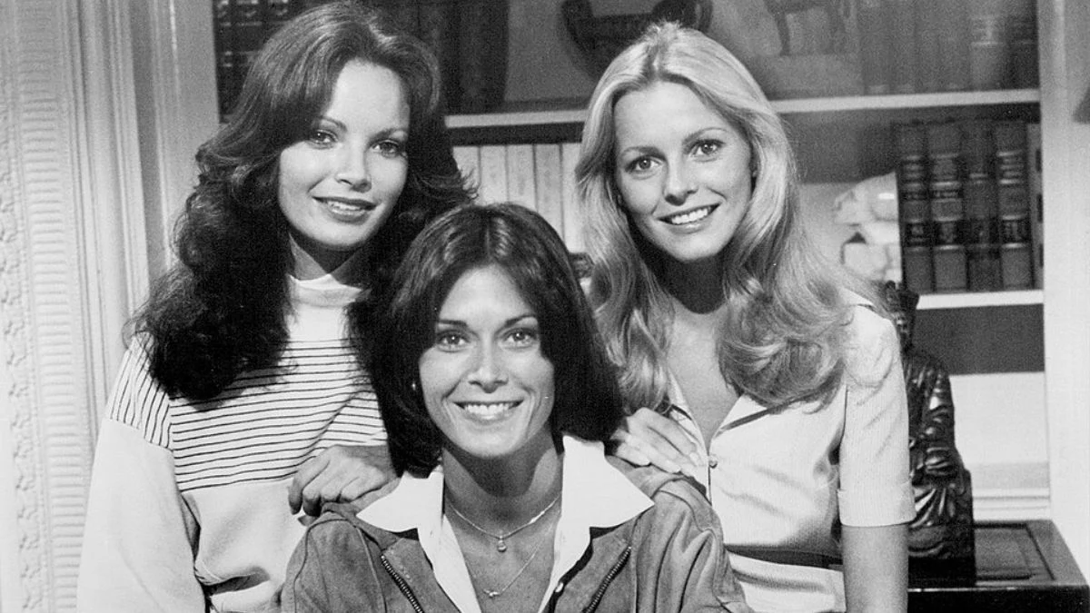 Black and white promotional portrait featuring Jaclyn Smith, Kate Jackson, and Cheryl Ladd from the Charlie's Angels television series.