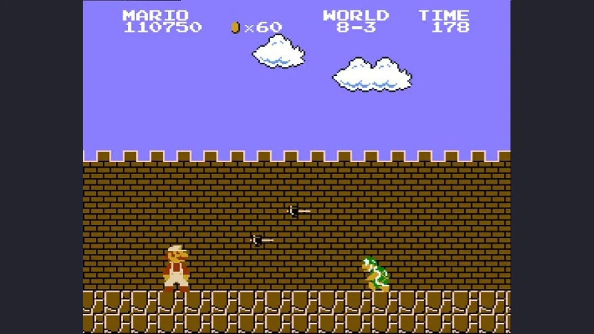 Gameplay screenshot of Super Mario Bros. level 8-3 featuring Mario dodging enemies on a brick castle background.