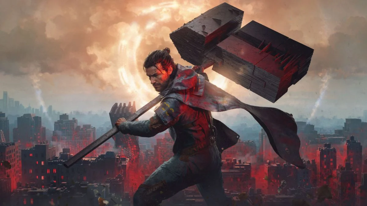 Dylan Faden holding a massive weapon over his shoulder against a destruction-filled urban backdrop in Control Resonant.