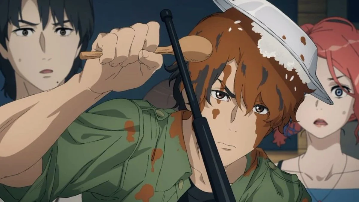 Anime scene featuring brown-haired protagonist Kairi with food spilled on his head, gripping a spoon with an intense expression as two companions watch in surprise.