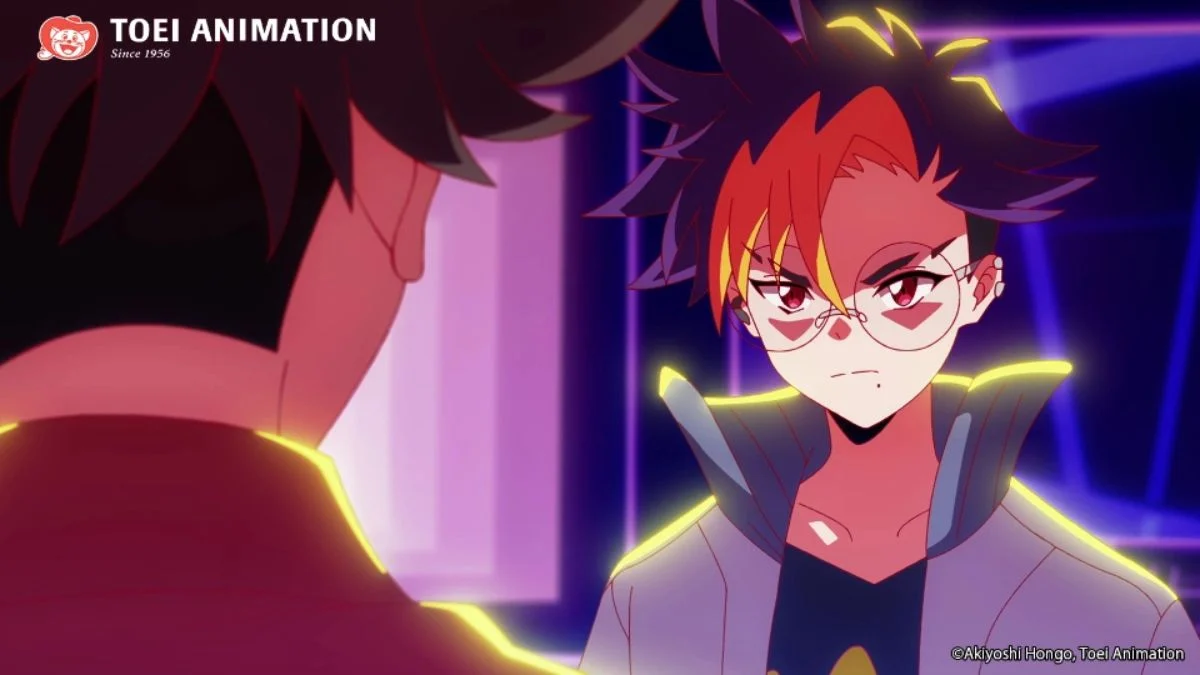 Anime still from DIGIMON BEATBREAK featuring a close-up profile of a character with red-and-yellow spiky hair wearing round glasses under neon lighting