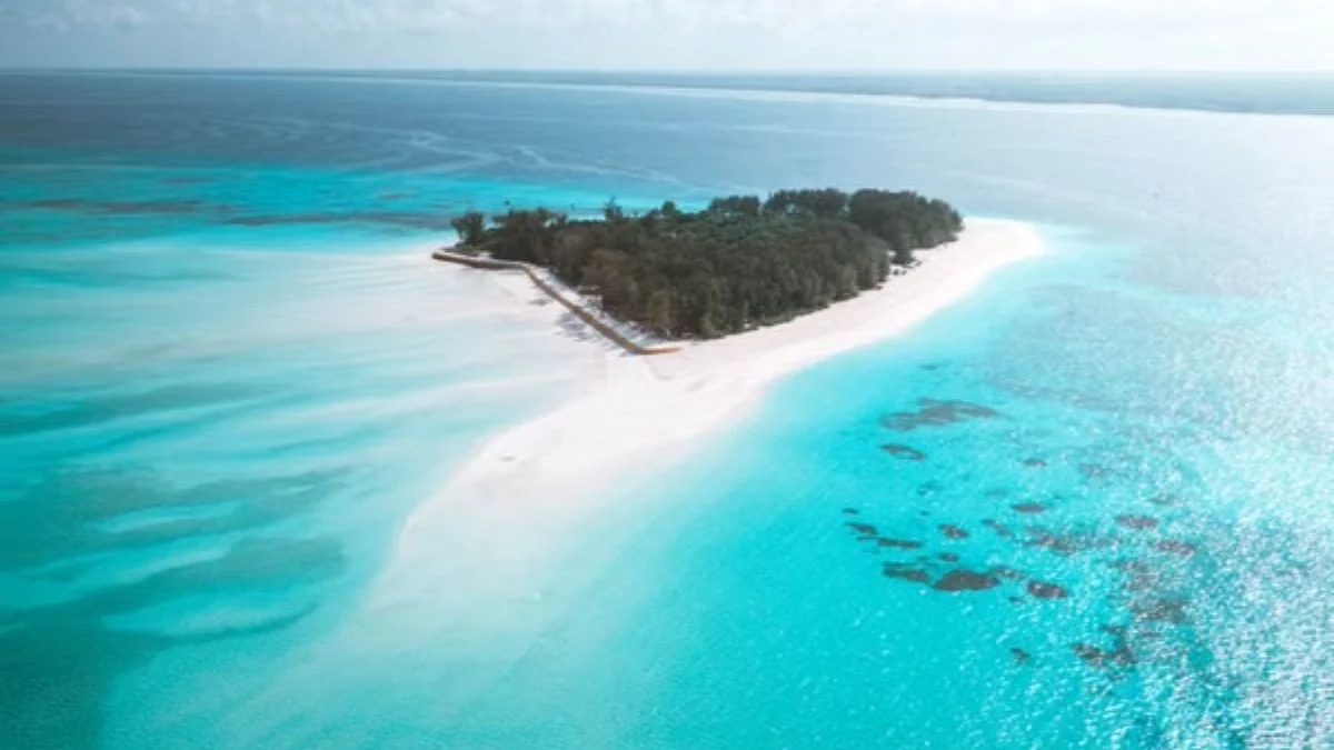Aerial view of a small, lush tropical island surrounded by turquoise waters and white sand.