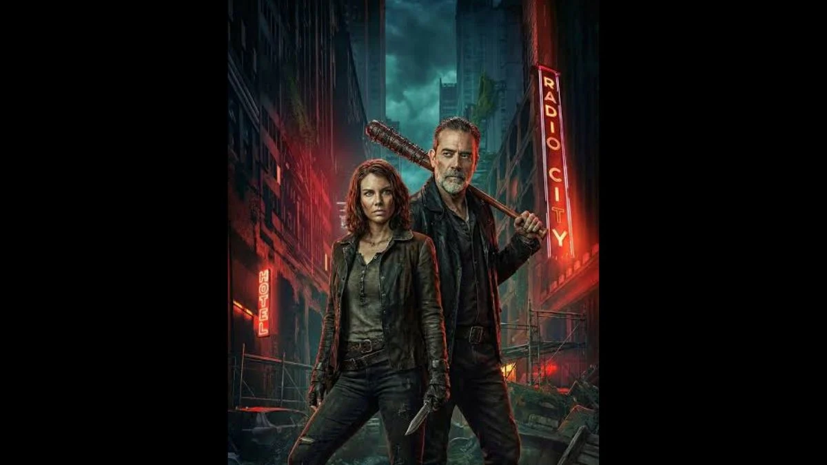 Maggie and Negan standing side by side holding weapons against a glowing neon backdrop of Manhattan in post-apocalyptic New York.