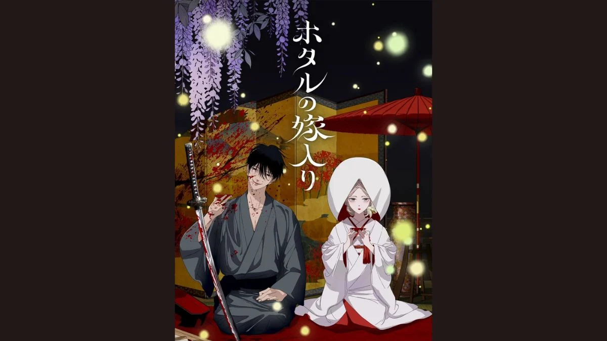 Official anime key visual for Firefly Wedding showing assassin Shinpei Goto holding a katana next to Satoko Kirigaya in traditional bridal attire.