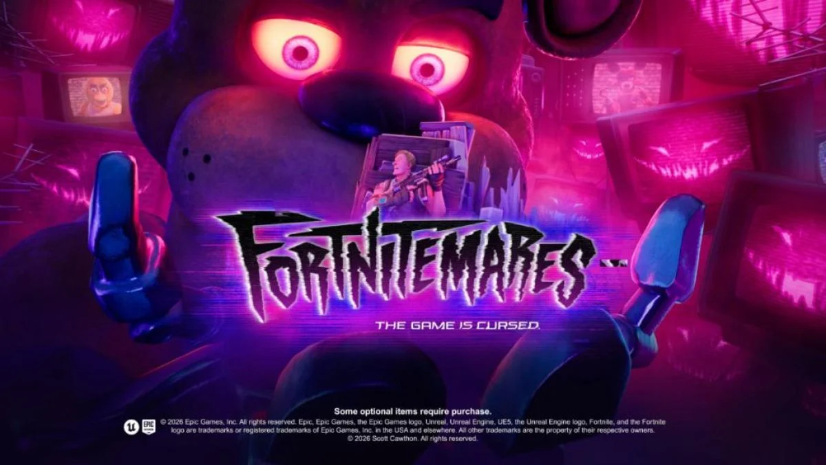 Promotional artwork for Fortnitemares showing a giant glowing Freddy Fazbear head with the text Fortnitemares The Game Is Cursed.