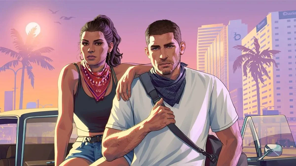 Jason Duval and Lucia Caminos sitting against a car in Vice City during sunset GTA 6 official art