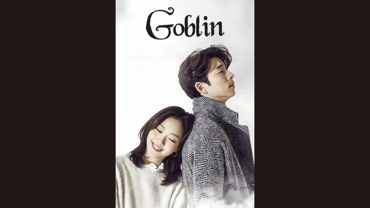 Official promotional image for the K-drama Goblin featuring Gong Yoo sitting back-to-back with a smiling Kim Go Eun.