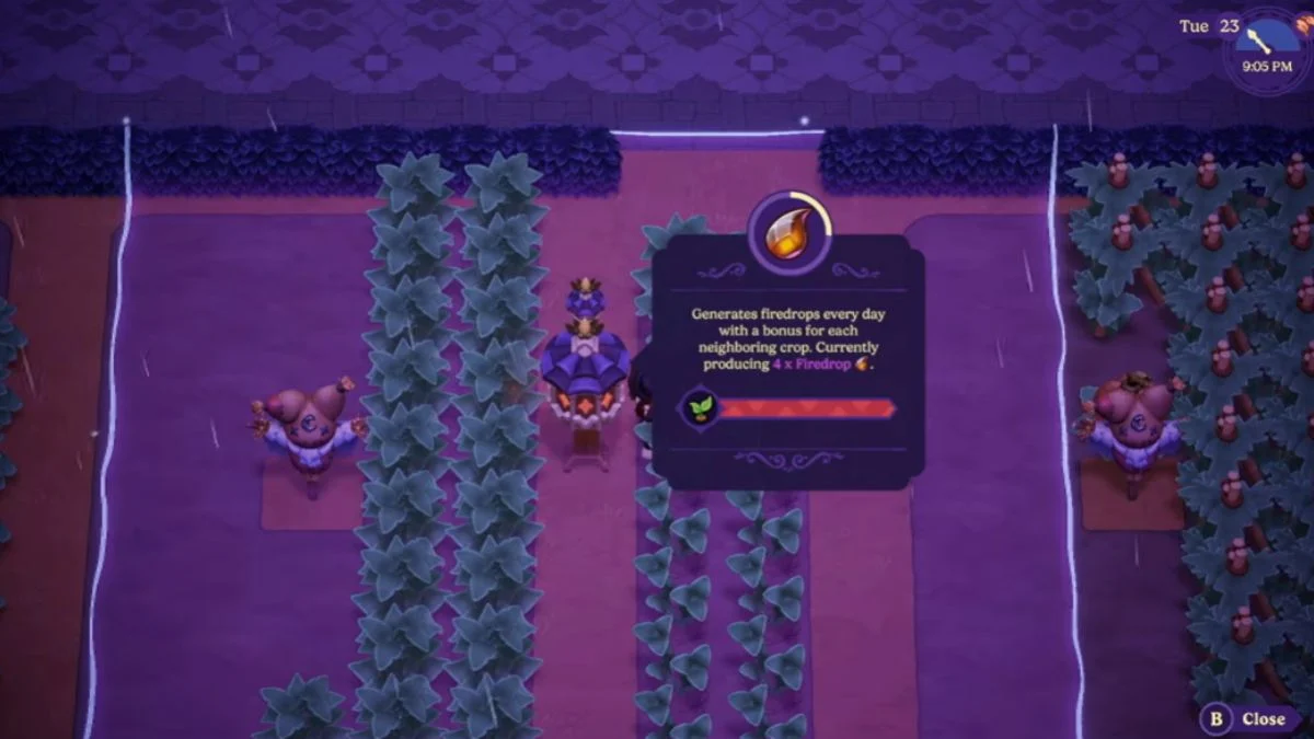 Graveyard Keeper 2 farming UI showing a crop node generating firedrops daily with neighboring crop bonuses.