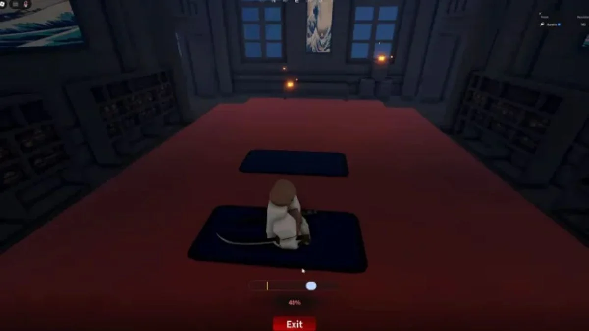 Player character performing the Meditation minigame on a mat inside Butterfly Estate in Project Slayers 2.