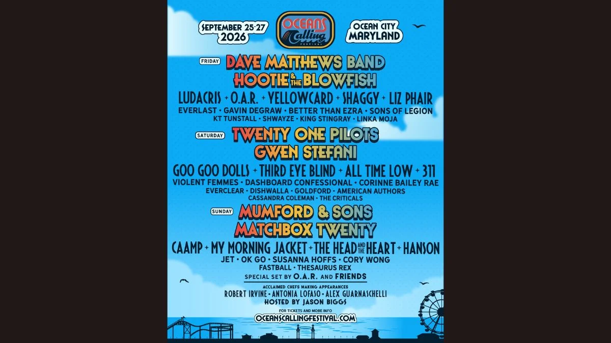Official line-up poster for the 2026 Oceans Calling Festival in Ocean City, Maryland, highlighting headliners like Dave Matthews Band and Twenty One Pilots.
