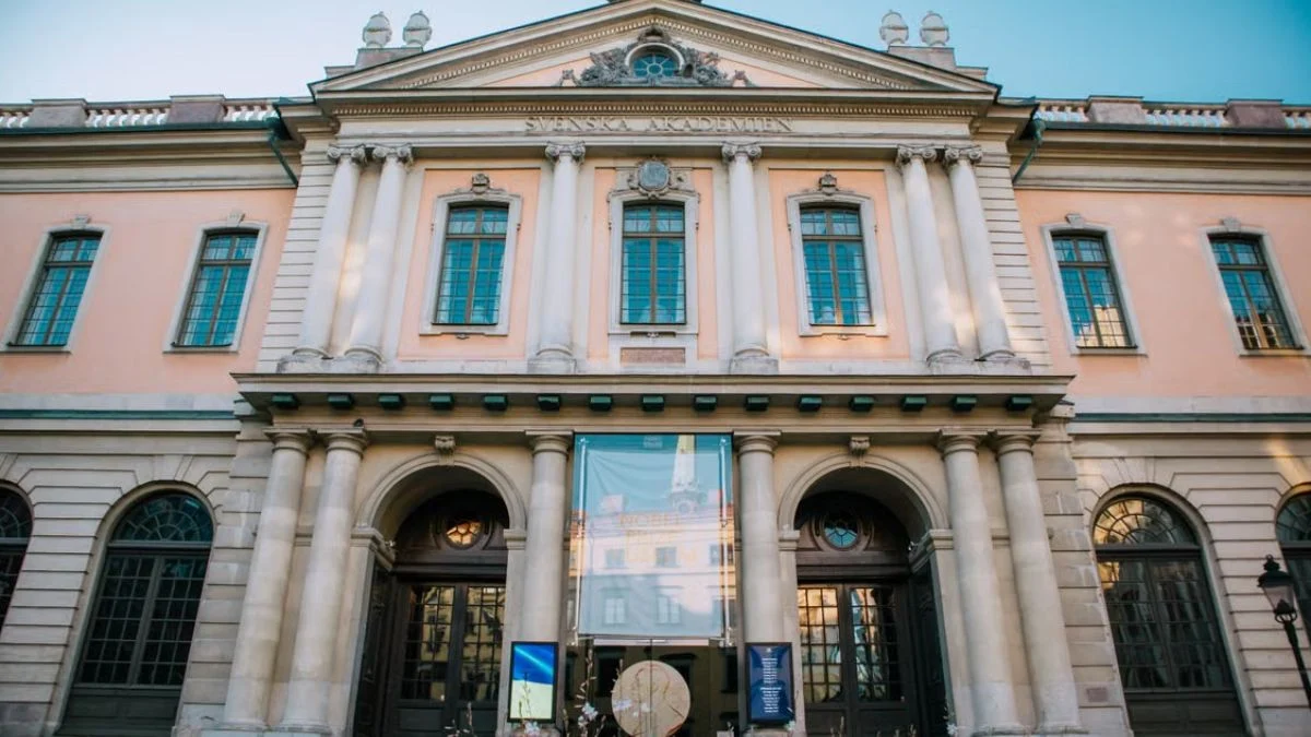 Exterior architecture view of the historic building housing the Nobel Prize Museum in Stockholm, Sweden.