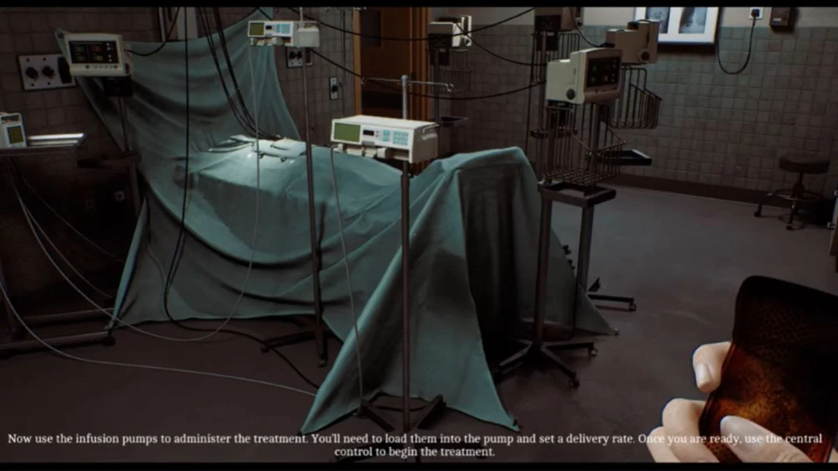 Surgery room and infusion pump setup in St. Amelia Medical Centre during Silent Hill Townfall Zoe The Patient mission.