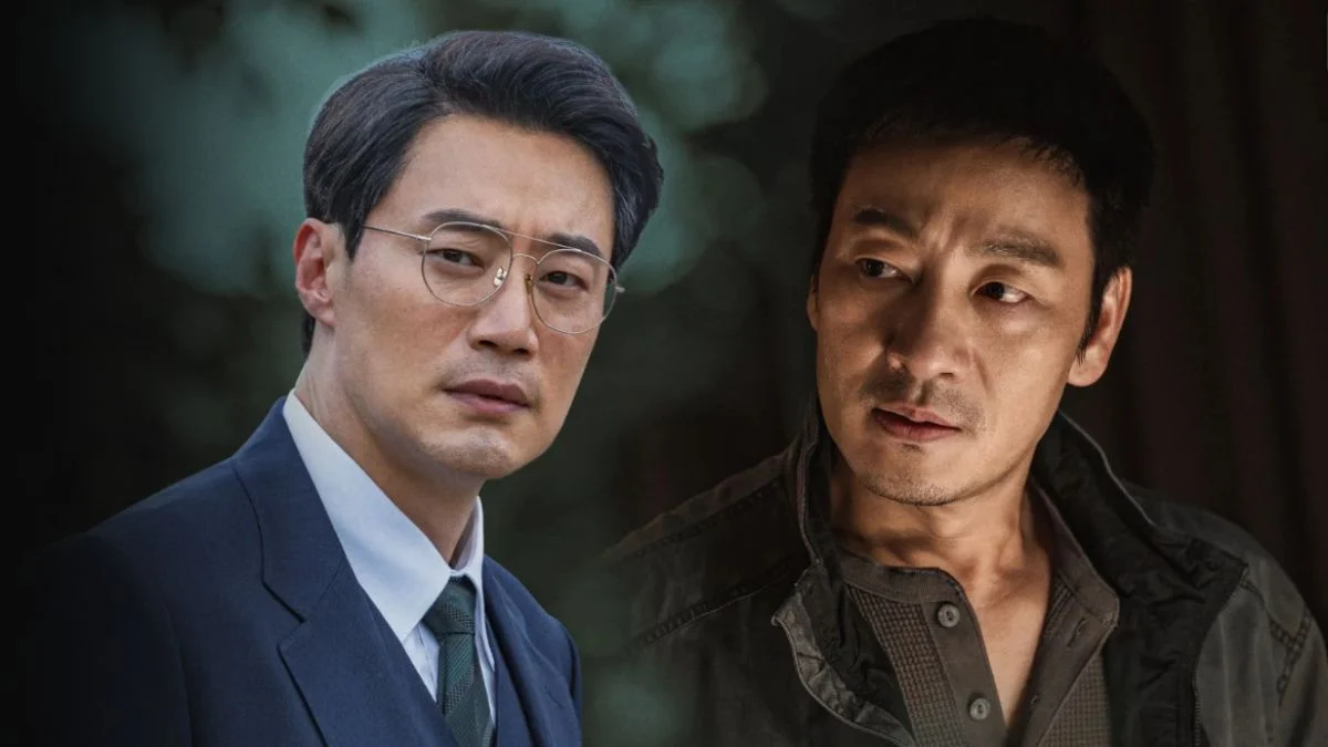 Dramatic promotional still of two lead actors in the Korean thriller series The Scarecrow, featured during Rakuten Viki K-Drama Day 2026.
