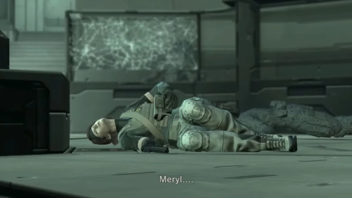Meryl Silverburgh lying unconscious on the floor during the Screaming Mantis battle in MGS4.