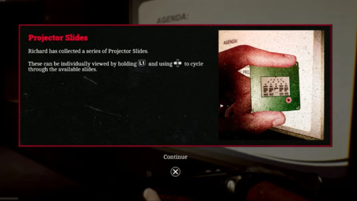 In-game slide carousel interface showing the slide order solution for the Silent Hill Townfall Part 5 projector puzzle.