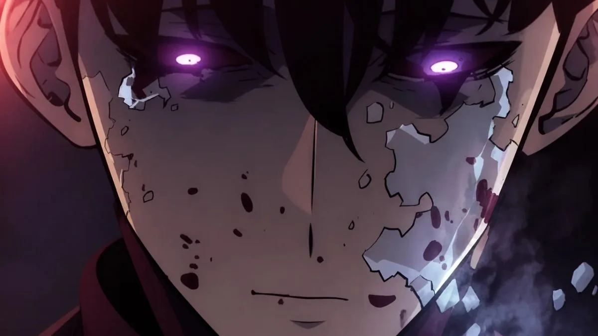 Close up dramatic anime illustration of Sung Jinwoo with glowing purple eyes and a shadowy cracked aura.
