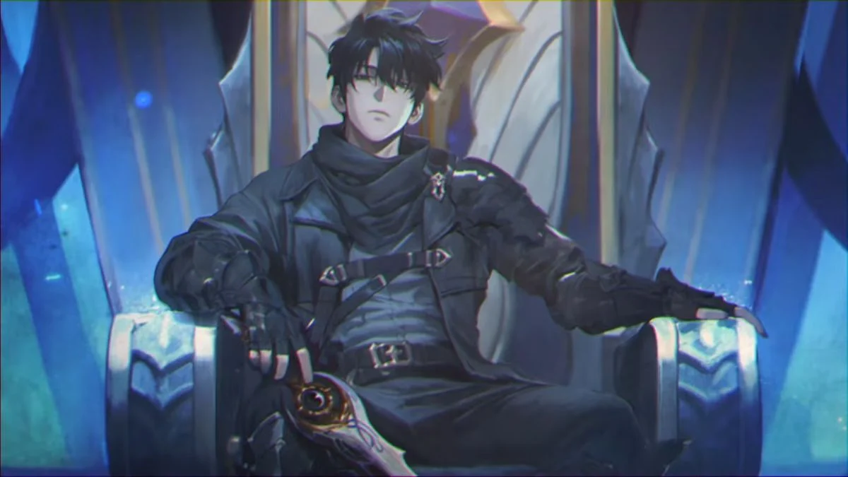 Sung Jinwoo sitting on a dark throne holding his dagger in Solo Leveling: KARMA