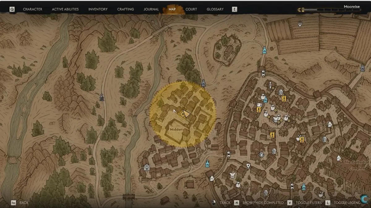 In-game map of Svartrau City showing the Middens quest objective location in The Blood of Dawnwalker