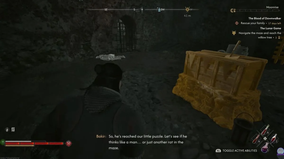 Coen navigating the maze near a locked gate and chest in The Blood of Dawnwalker during The Lunar Game quest.
