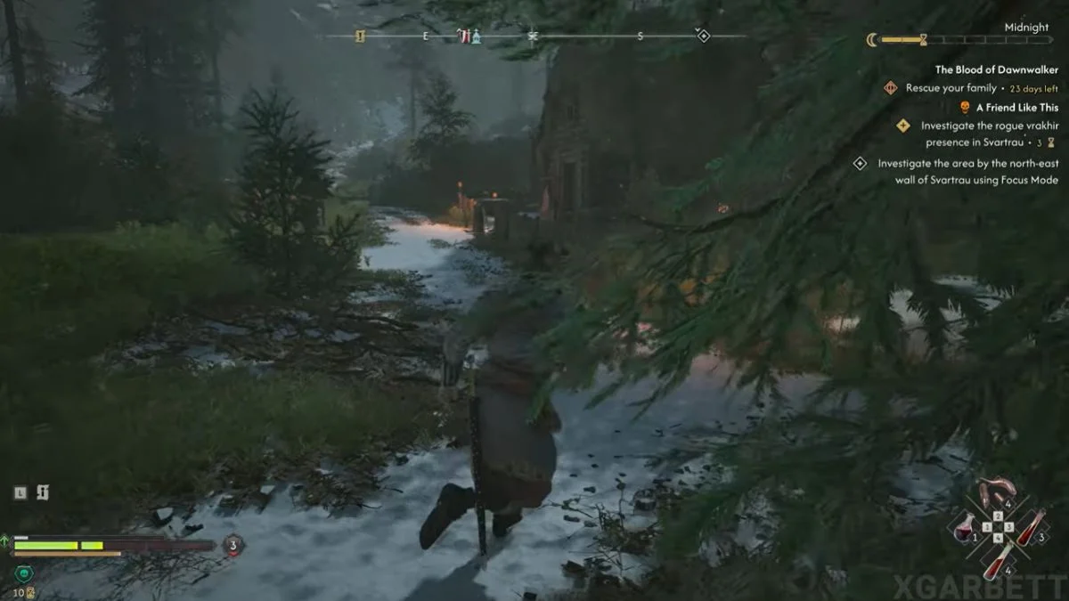 Third-person gameplay view of Coen running through a snowy forest toward a shrine structure in The Blood of Dawnwalker.