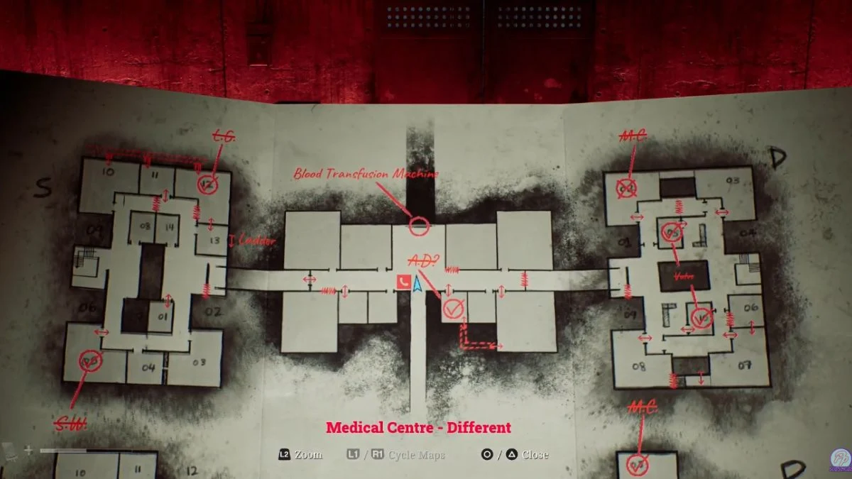 In-game map of the Medical Center showing blood bag locations in Silent Hill: Townfall.