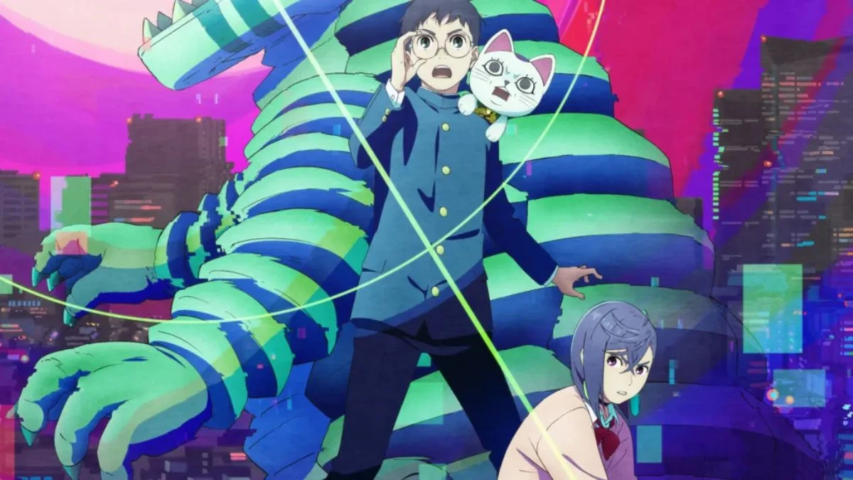 Okarun adjusting his glasses alongside Momo, Turbo Granny in cat form, and a green alien kaiju.