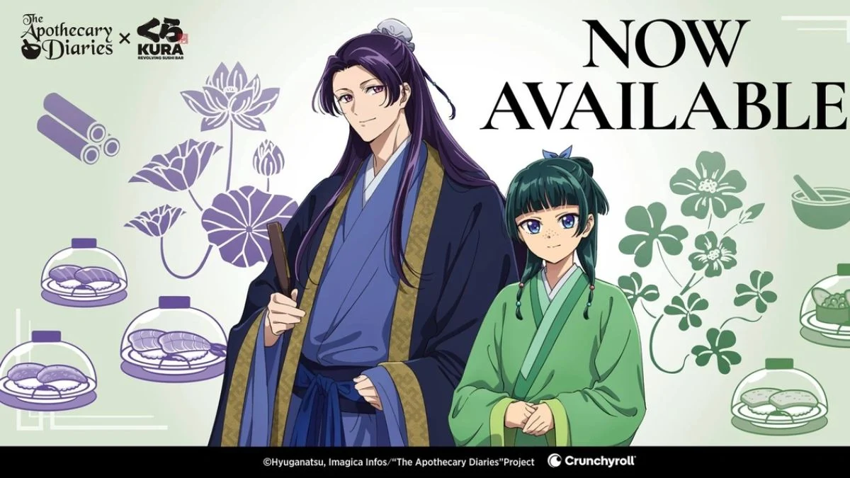 Anime illustration of Jinshi in blue purple robes standing beside Maomao in green outfit with the text The Apothecary Diaries x Kura Revolving Sushi Bar