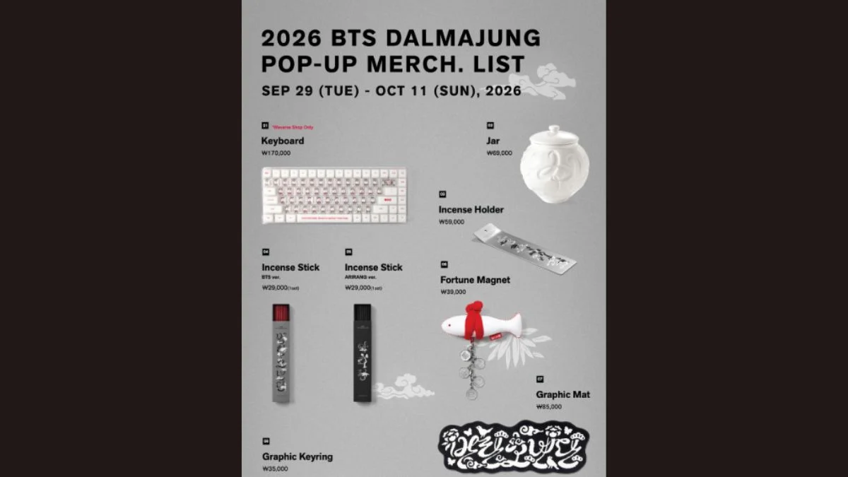 Official product price list for the 2026 BTS Dalmajung Pop-Up Merch collection featuring traditional Korean heritage designs