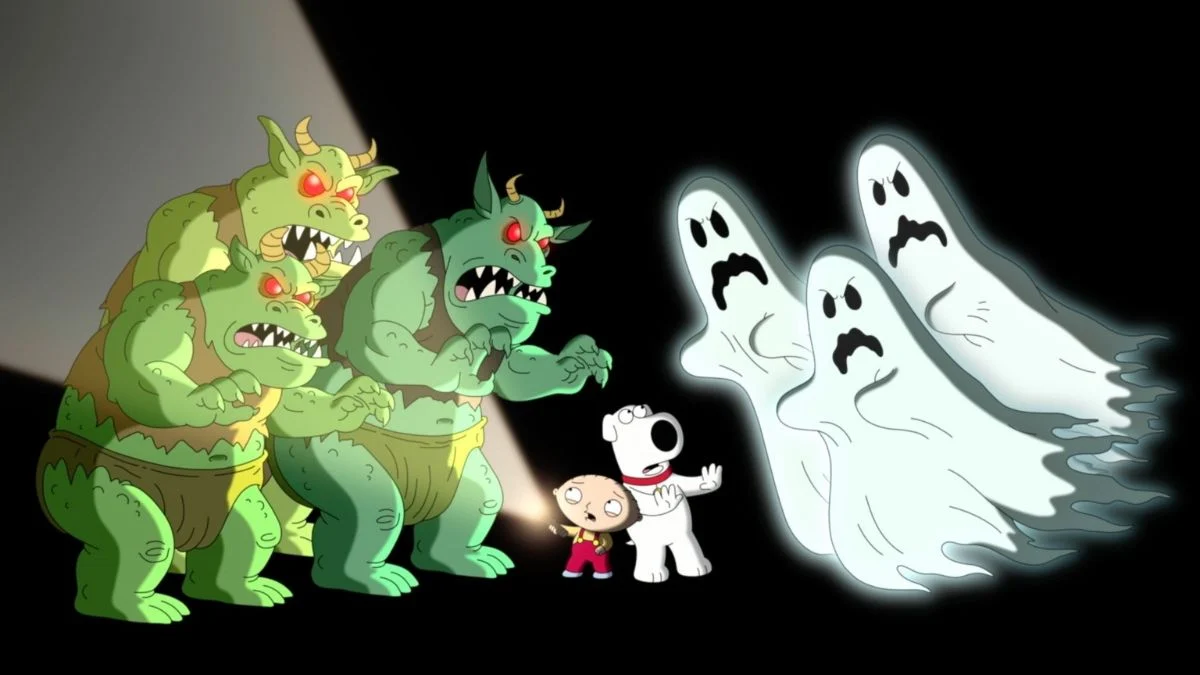 Animated image of Stewie and Brian surrounded by green monsters and white ghosts in a dark setting.